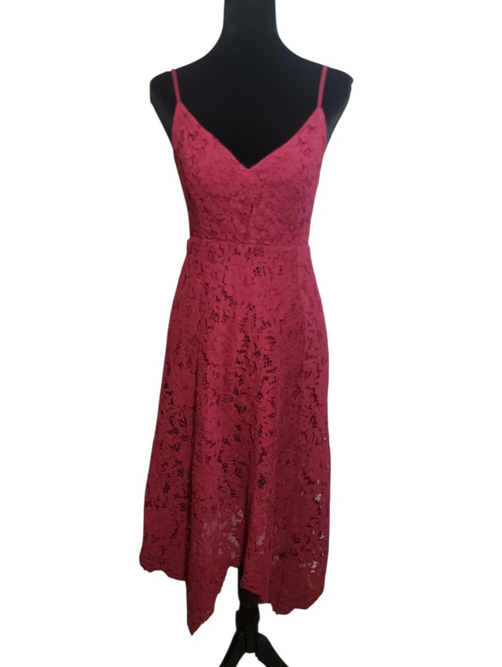 Lulys spaghetti strap burgundy lace fit flare v neck midi dress women's small